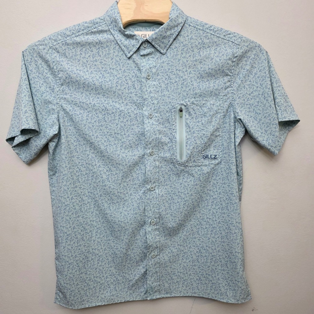 Gillz Fishing Shirt Mens Medium Blue Fish Print Short Sleeve Vented Performance